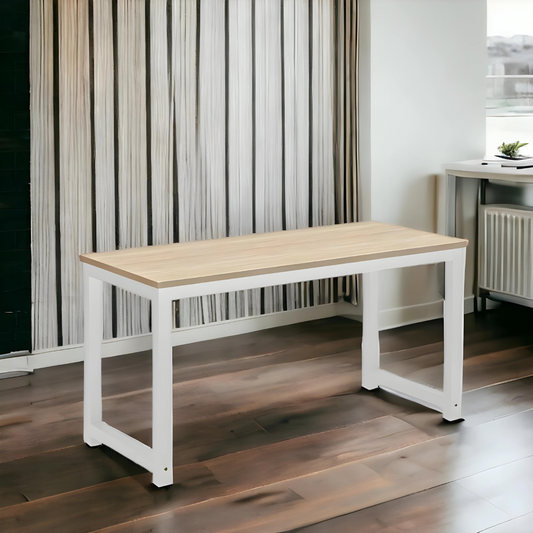 Metal Table in White Finish and Powder Coating with Camel Wooden Top