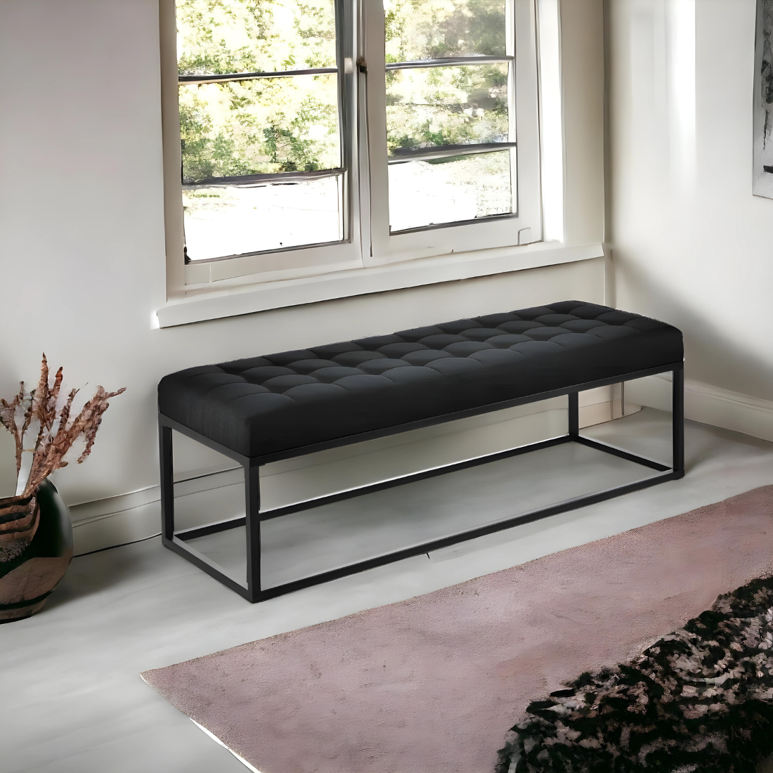 Hazel Black Ottoman Metal Bench with Black Cushion