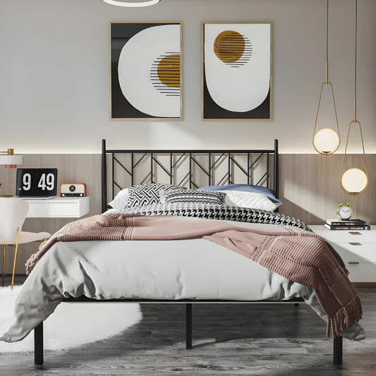 Walker Without Storage Metal Bed with Designer Headrest (Color - Black)