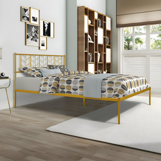 Walker Without Storage Metal Bed with Designer Headrest (Color - Golden)