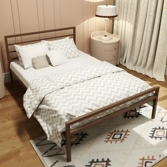 Woven Without Storage Metal Bed with Designer Headrest (Color - Brown)