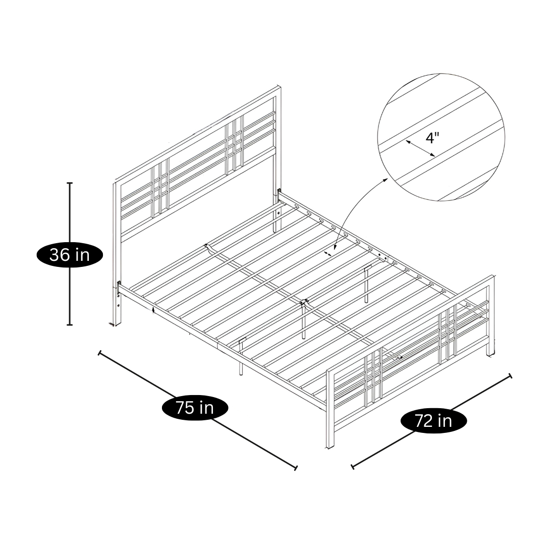 Abraham Without Storage Metal Bed with Designer Headrest (Color - White)