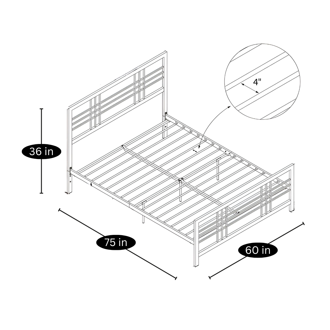 Abraham Without Storage Metal Bed with Designer Headrest (Color - Black)