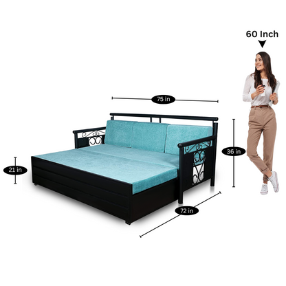 Black Crossandra Hydraulic Storage Metal Sofa Bed with Mattress & Pillow (Color - Sky Blue)