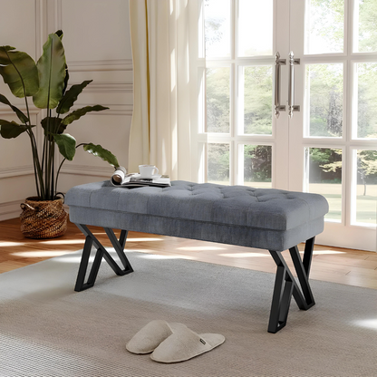 Quinn Designer Black Ottoman Metal Bench with Grey Cushion