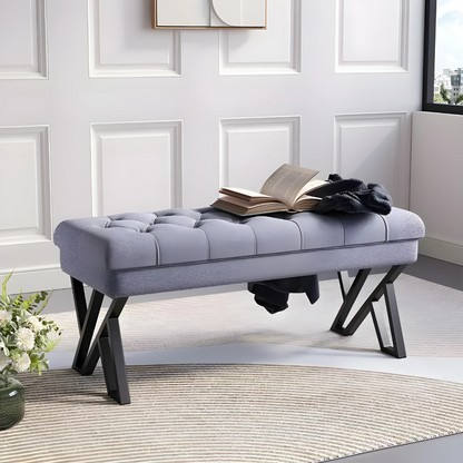 Quinn Designer Black Ottoman Metal Bench with Grey Cushion