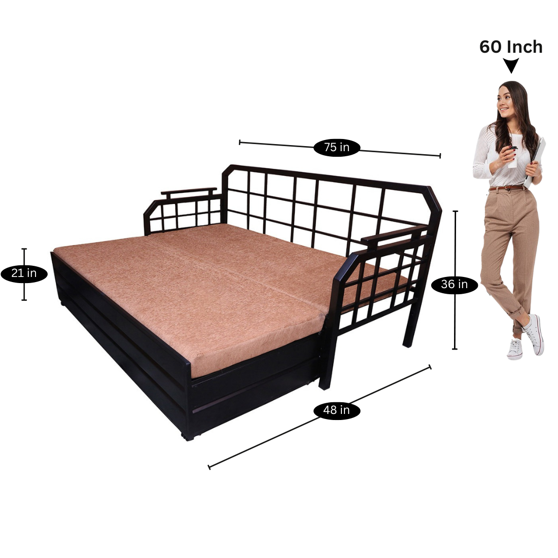 Black Dinaar Hydraulic Storage Metal Sofa Bed with Mattress & Pillow (Color - Camel)