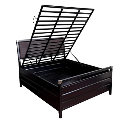 Heath Hydraulic Storage Metal Bed with Brown Square Cushion Headrest (Color - Black)