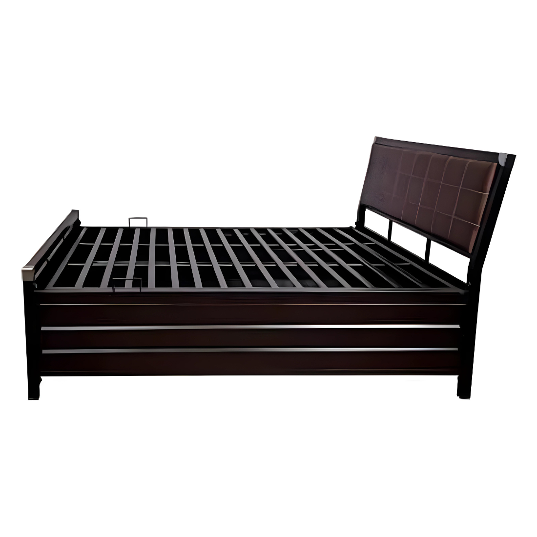 Heath Hydraulic Storage Metal Bed with Brown Square Cushion Headrest (Color - Black)