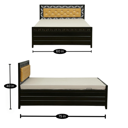 Cuba Hydraulic Storage Metal Bed with Golden Cushion Headrest (Color - Black)