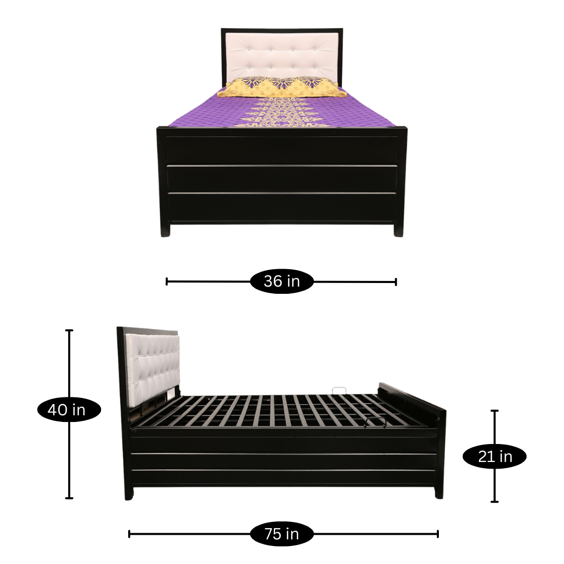 Henry Hydraulic Storage Metal Bed with White Cushion Headrest (Color - Black)