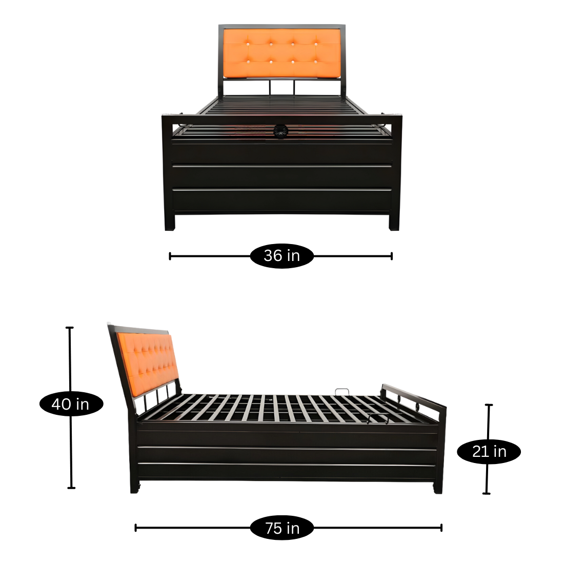 Heath Hydraulic Storage Metal Bed with Orange Cushion Headrest (Color - Black)