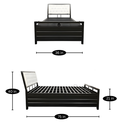 Heath Hydraulic Storage Metal Bed with White Cushion Headrest (Color - Black)