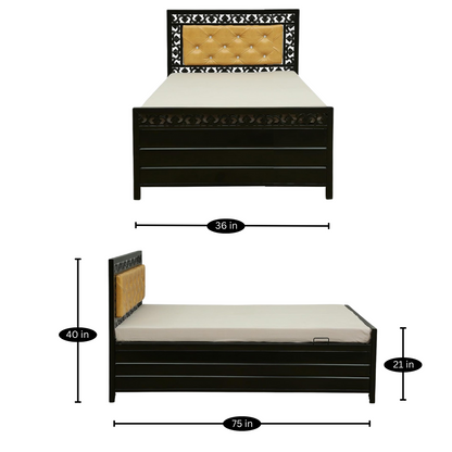 Cuba Hydraulic Storage Metal Bed with Golden Cushion Headrest (Color - Black)