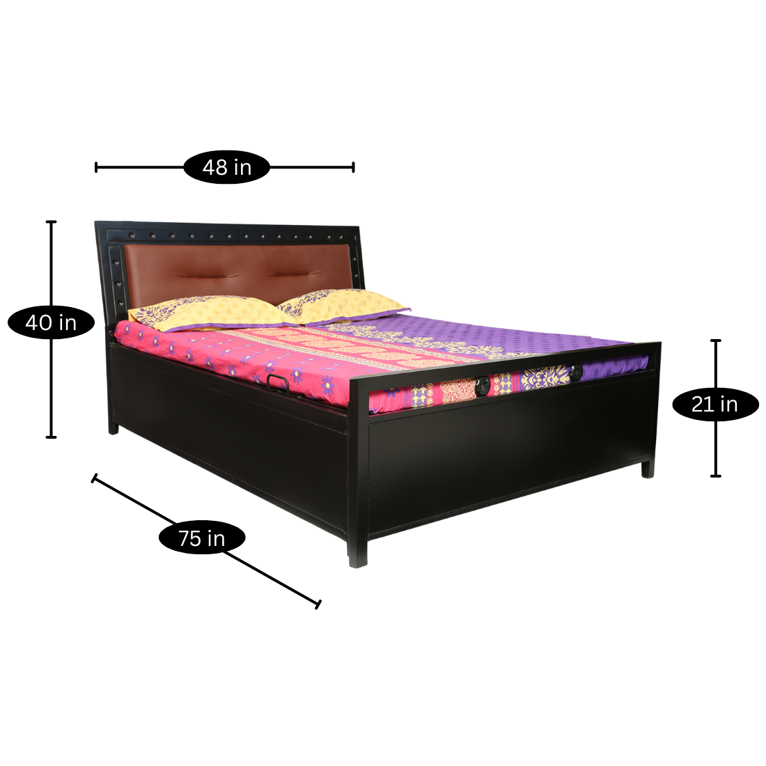 Daisy Hydraulic Storage Metal Bed with Brown Cushion Headrest (Color - Black)