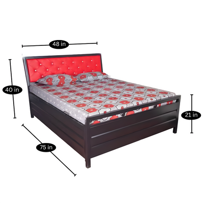 Heath Hydraulic Storage Metal Bed with Red Cushion Headrest (Color - Black)