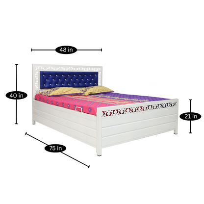 Cuba Hydraulic Storage Metal Bed with Blue Cushion Headrest (Color - White)