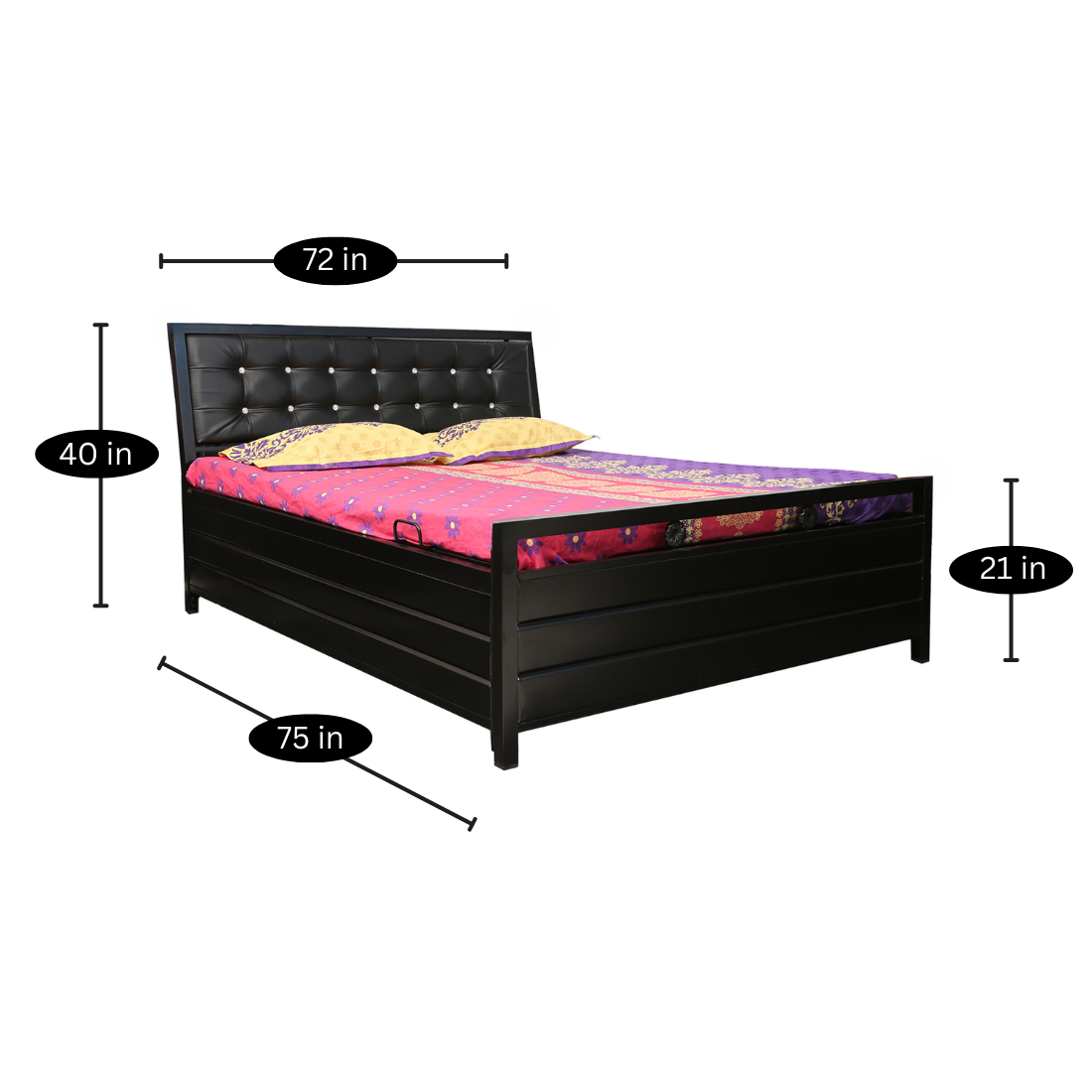 Heath Hydraulic Storage Metal Bed with Black Cushion Headrest (Color - Black)