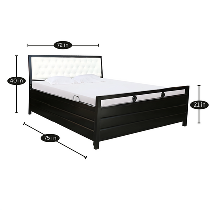 Heath Hydraulic Storage Metal Bed with White Cushion Headrest (Color - Black)