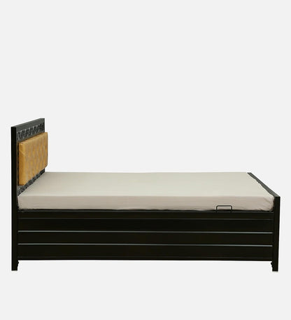 Cuba Hydraulic Storage Metal Bed with Golden Cushion Headrest (Color - Black)