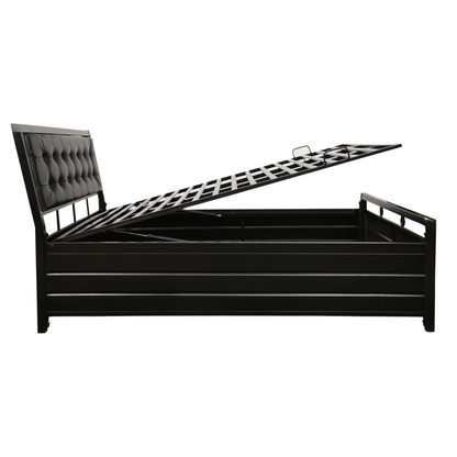 Heath Hydraulic Storage Metal Bed with Black Cushion Headrest (Color - Black)