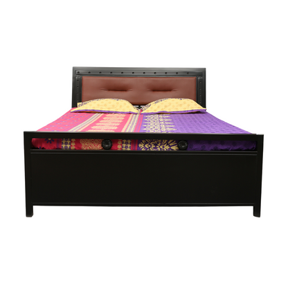 Daisy Hydraulic Storage Metal Bed with Brown Cushion Headrest (Color - Black)