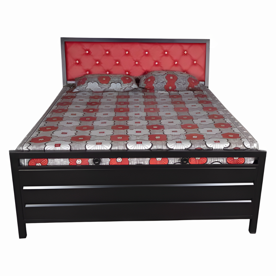 Heath Hydraulic Storage Metal Bed with Red Cushion Headrest (Color - Black)