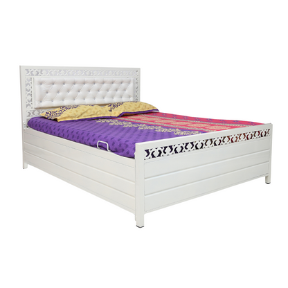 Cuba Hydraulic Storage Metal Bed with White Cushion Headrest (Color - White)