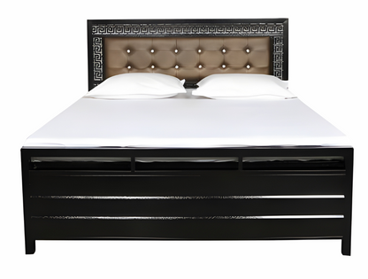 Luna Hydraulic Storage Metal Bed with Brown Cushion Headrest (Color - Black)