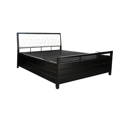 Heath Hydraulic Storage Metal Bed with White Cushion Headrest (Color - Black)