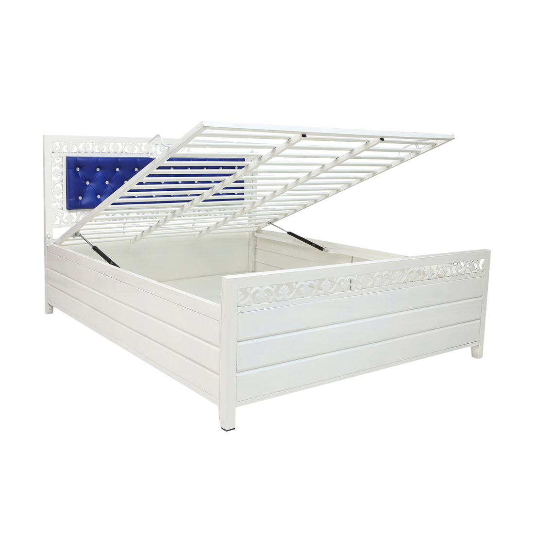 Cuba Hydraulic Storage Metal Bed with Blue Cushion Headrest (Color - White)