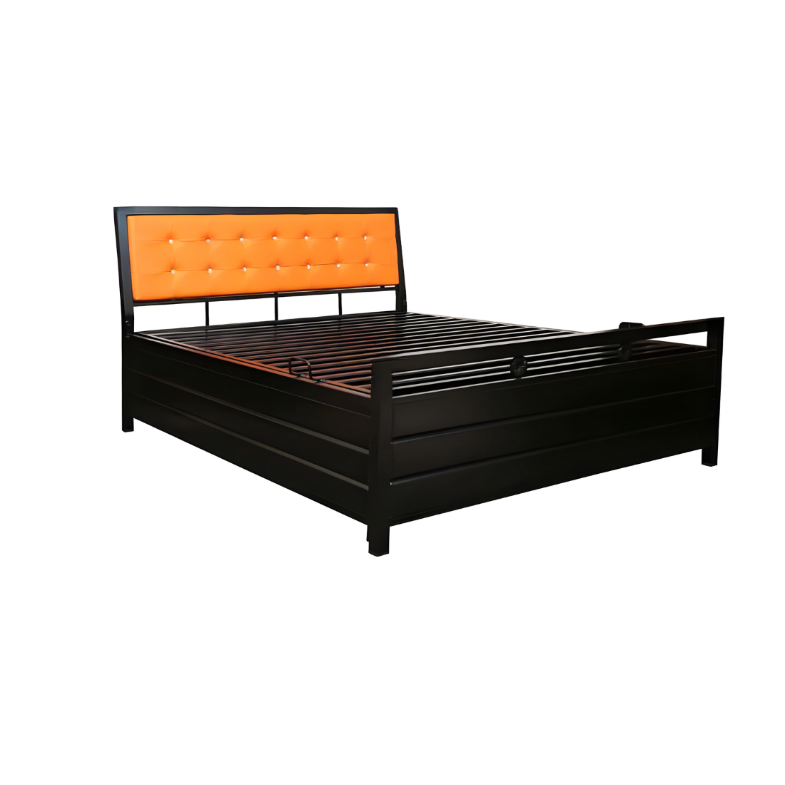 Heath Hydraulic Storage Metal Bed with Orange Cushion Headrest (Color - Black)