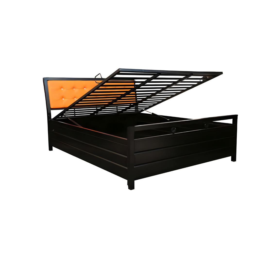 Heath Hydraulic Storage Metal Bed with Orange Cushion Headrest (Color - Black)