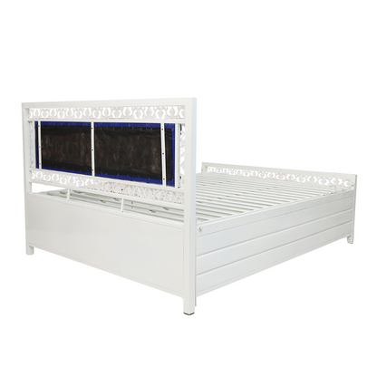 Cuba Hydraulic Storage Metal Bed with Blue Cushion Headrest (Color - White)