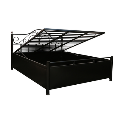 Star Cat Hydraulic Storage Metal Bed (Color - Black) with Designer Headrest