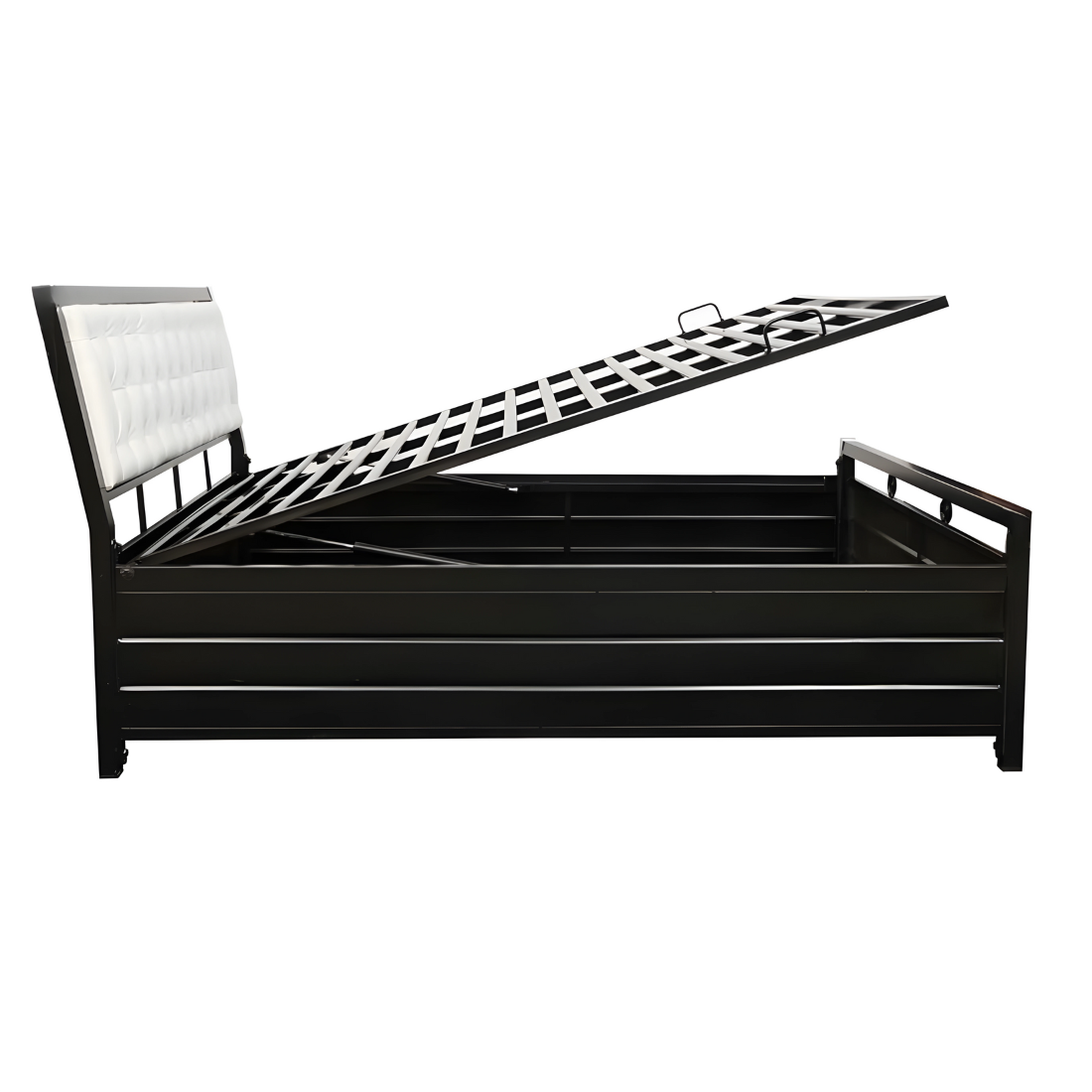 Heath Hydraulic Storage Metal Bed with White Cushion Headrest (Color - Black)