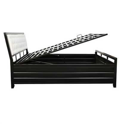 Heath Hydraulic Storage Metal Bed with White Cushion Headrest (Color - Black)