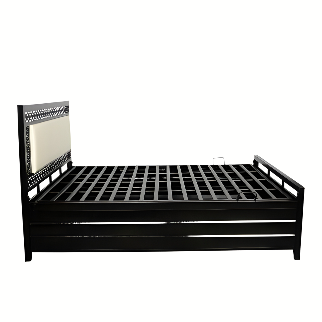 Luna Hydraulic Storage Metal Bed with White Cushion Headrest (Color - Black)