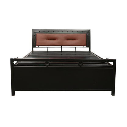 Daisy Hydraulic Storage Metal Bed with Brown Cushion Headrest (Color - Black)