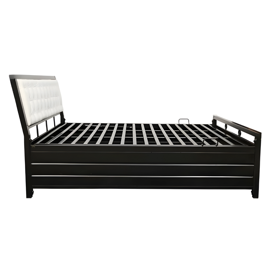 Heath Hydraulic Storage Metal Bed with White Cushion Headrest (Color - Black)