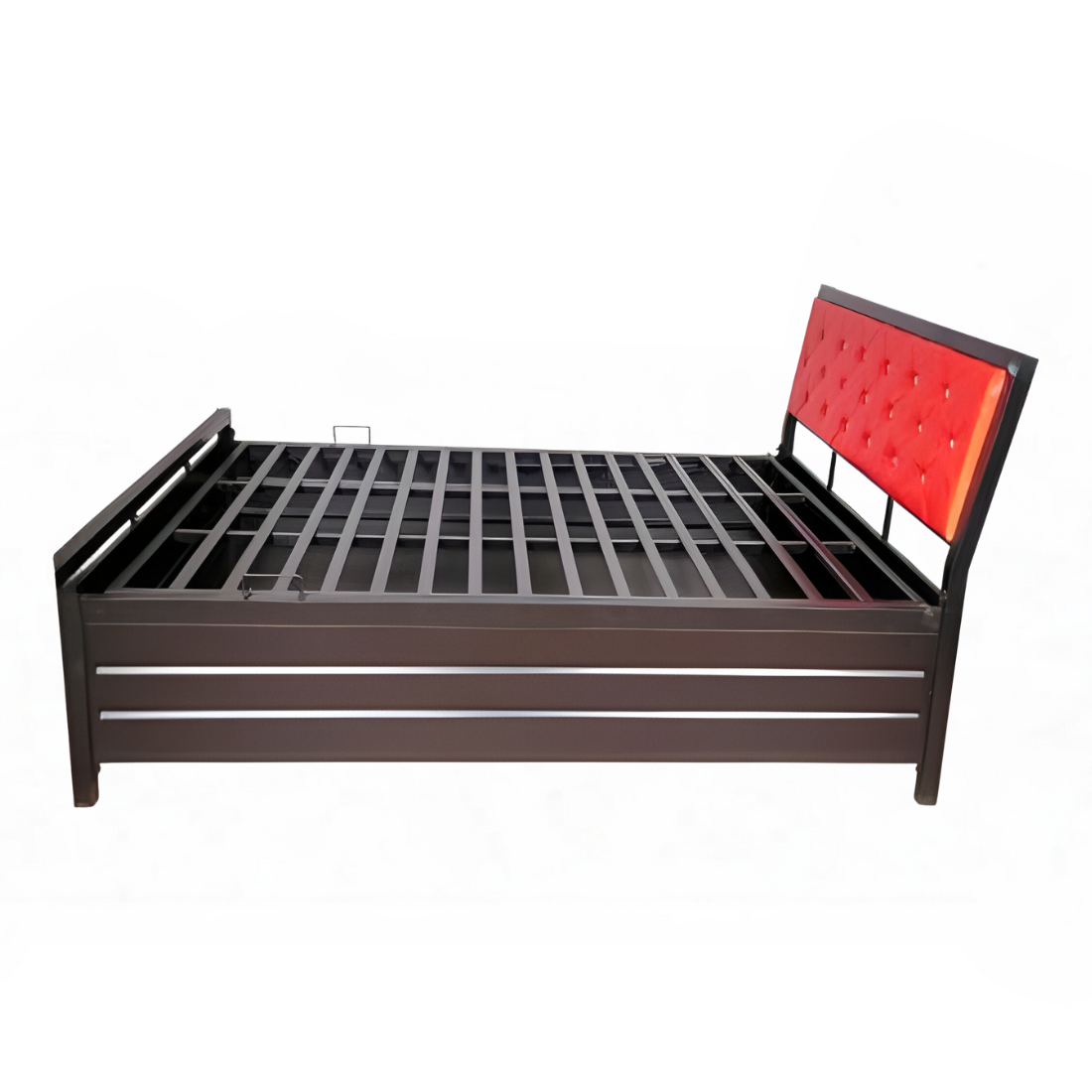 Heath Hydraulic Storage Metal Bed with Red Cushion Headrest (Color - Black)