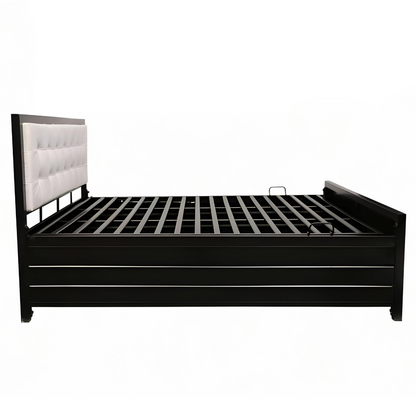 Henry Hydraulic Storage Metal Bed with White Cushion Headrest (Color - Black)