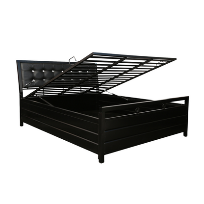 Heath Hydraulic Storage Metal Bed with Black Cushion Headrest (Color - Black)