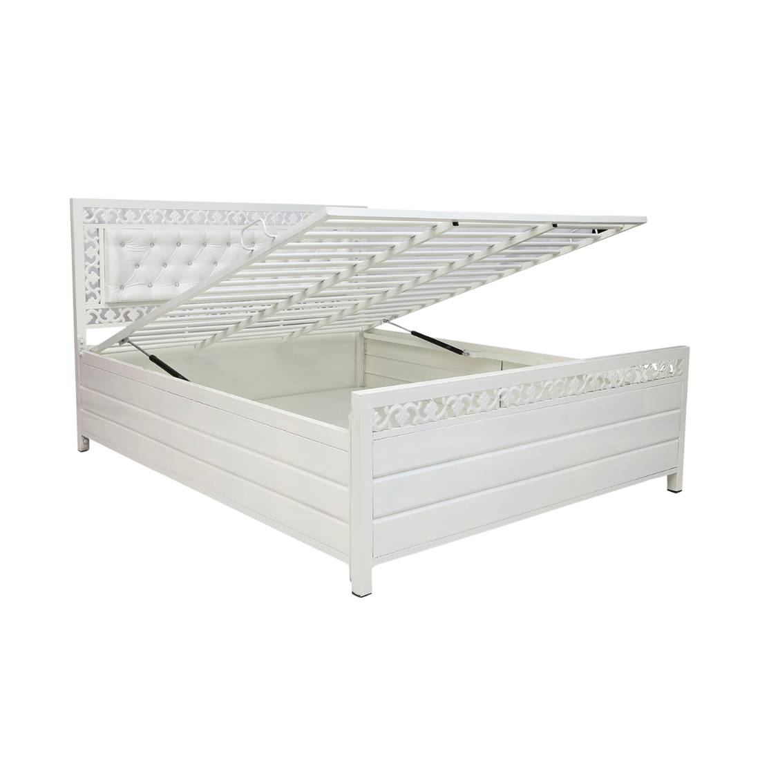 Cuba Hydraulic Storage Metal Bed with White Cushion Headrest (Color - White)