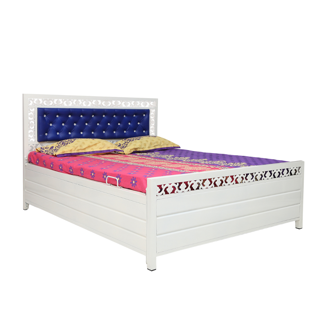 Cuba Hydraulic Storage Metal Bed with Blue Cushion Headrest (Color - White)