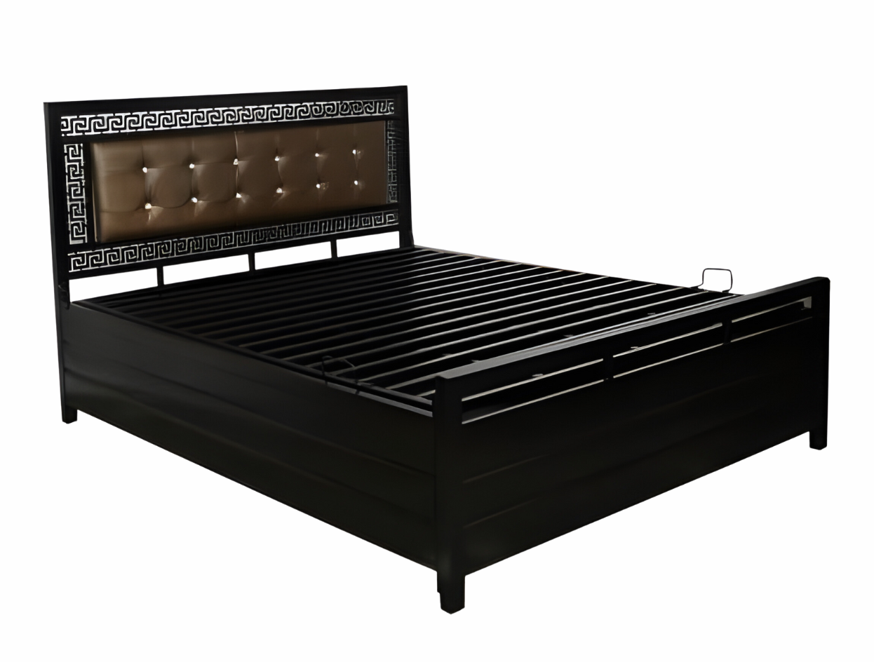 Luna Hydraulic Storage Metal Bed with Brown Cushion Headrest (Color - Black)