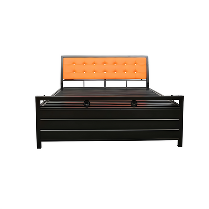 Heath Hydraulic Storage Metal Bed with Orange Cushion Headrest (Color - Black)