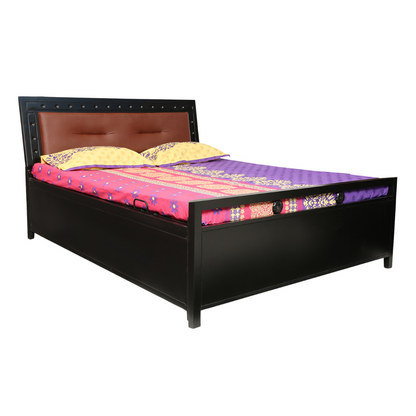 Daisy Hydraulic Storage Metal Bed with Brown Cushion Headrest (Color - Black)