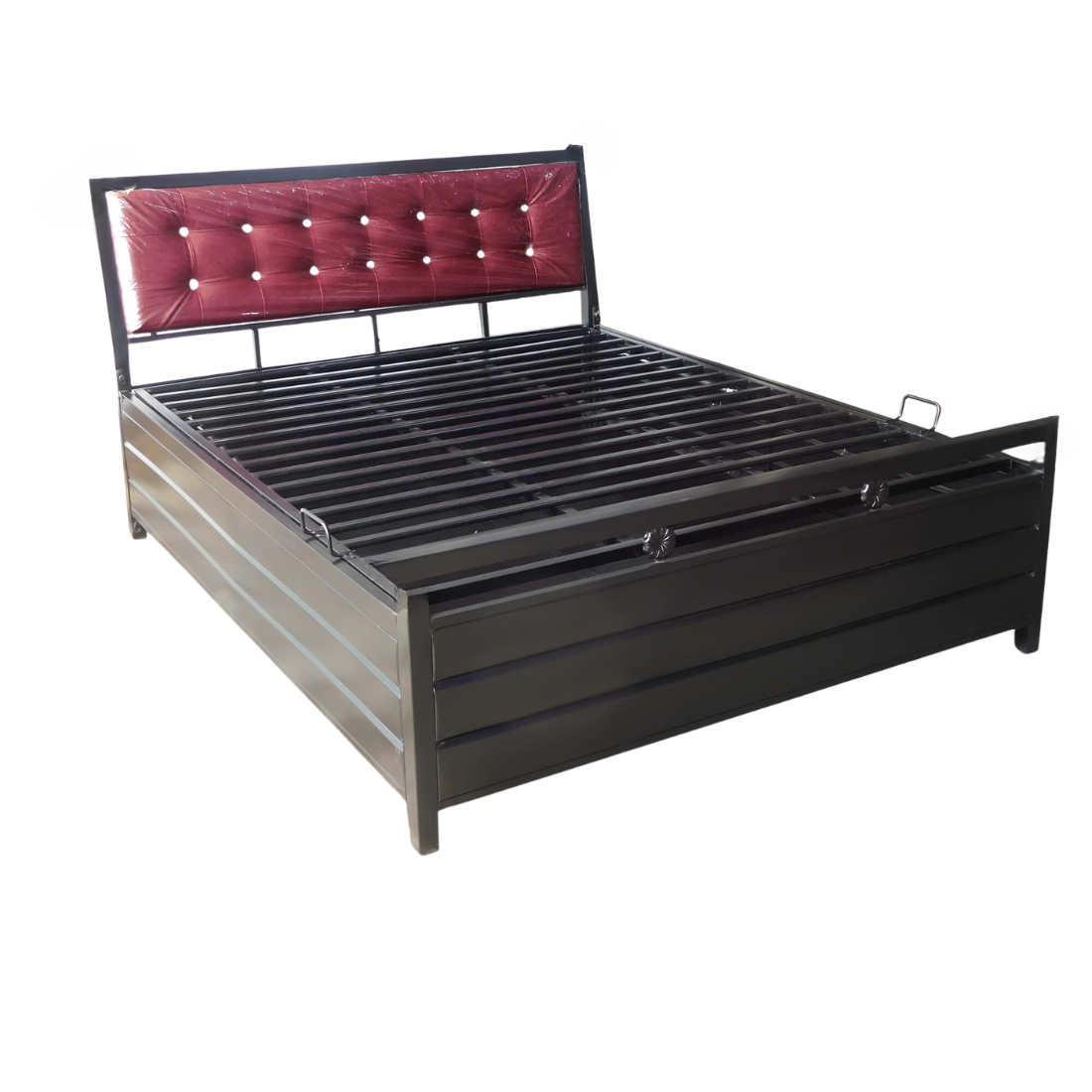 Heath Hydraulic Storage Metal Bed with Cherry Cushion Headrest (Color - Black)