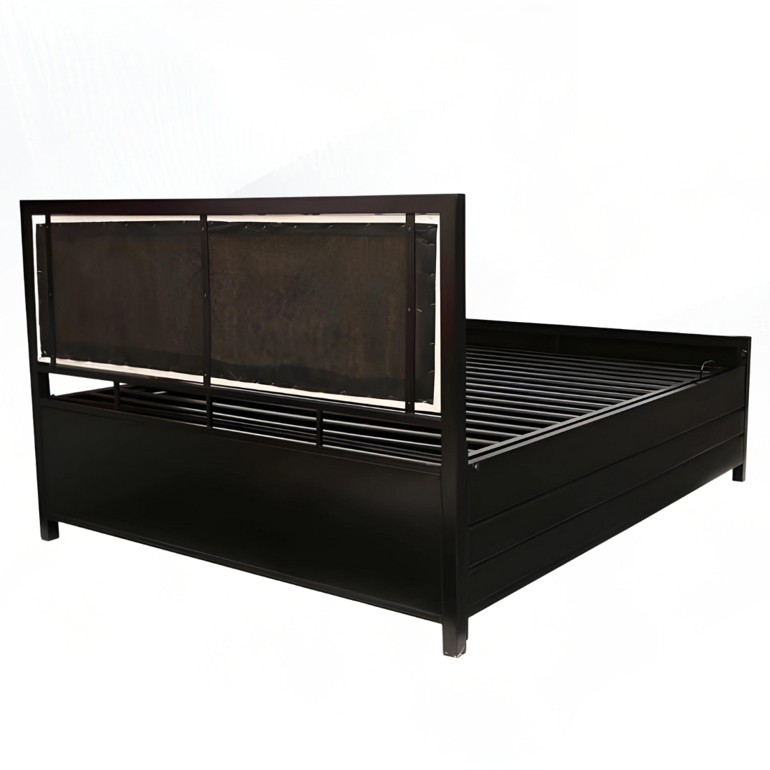 Henry Hydraulic Storage Metal Bed with White Cushion Headrest (Color - Black)